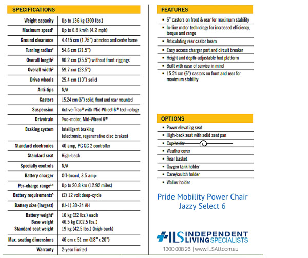 Pride Jazzy Select 6 Power Wheelchair Specifications