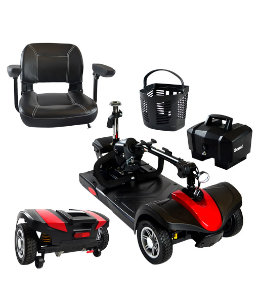The Scout sport quattro Mobility Scooter features deluxe cushioned seating with stitching and contoured wide armrests for a more relaxed ride, and in addition to its comfort, it provides the next generation Drive splitting mechanism for easy storage and transportation
